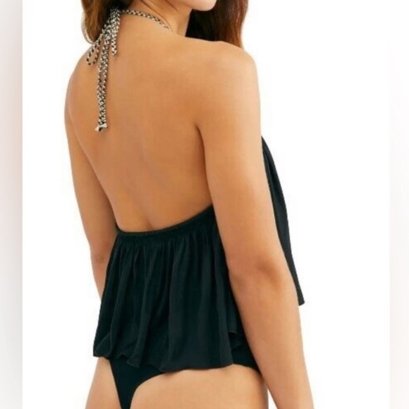 Intimately Free People Callie Bodysuit Black Flowy Halter V Neck Women’s SZ S - Picture 2 of 7